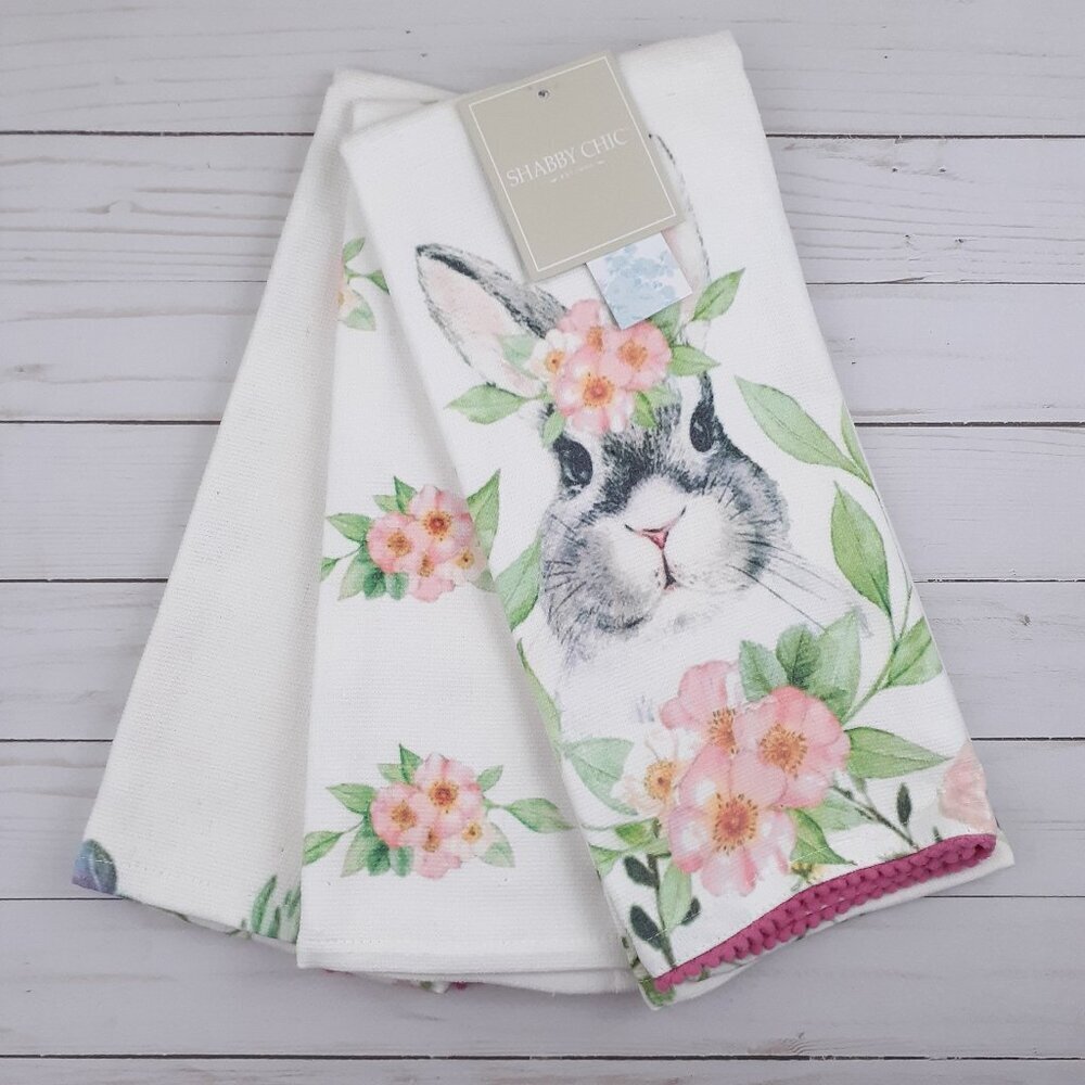 Shabby Chic Easter Kitchen Towel Set of 3 Bunny Flowers Floral Pink Dual Purpose